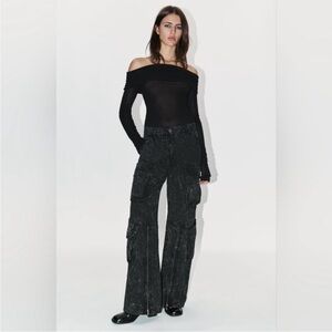 ZARA Women’s Cargo Black/Gray Wide-Leg Jeans Tik Tok Favorite